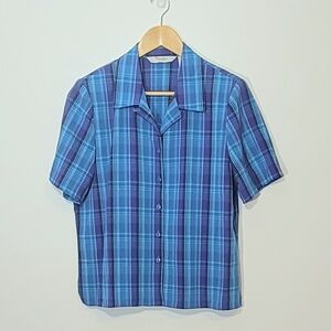 TanJay Petite Blue Tone Checkers Cotton Blend Short Sleeve Button Down Petite 10